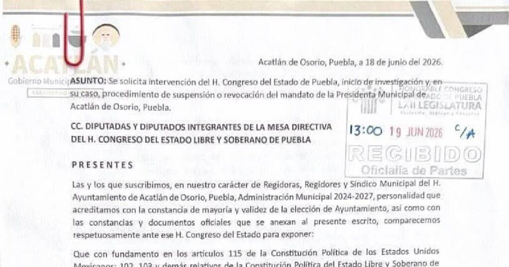 Congreso de Puebla recibe solicitud formal para destituir a alcaldesa de Acatlán